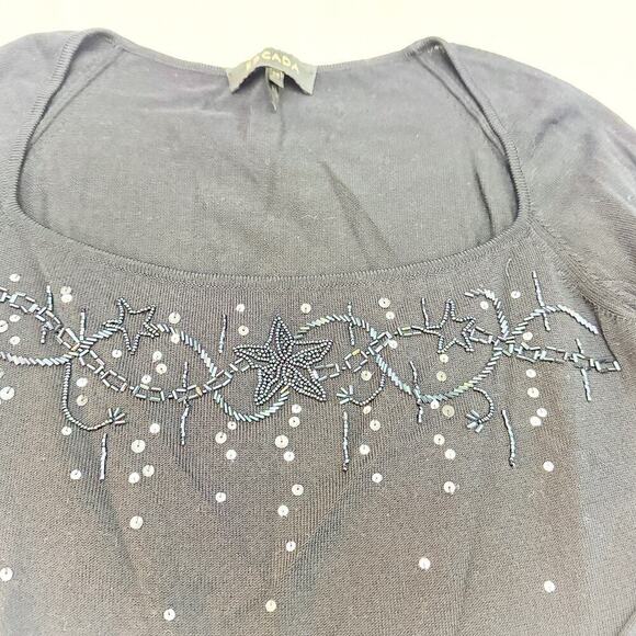 Escada Black Embellished Sequin Design 3/4 Sleeve Top Rayon/Cotton Size 38 MINT - Picture 3 of 7